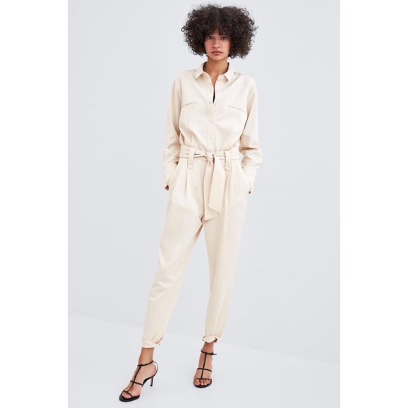 New Zara Trf Tencel Ecru Beige Jumpsuit 